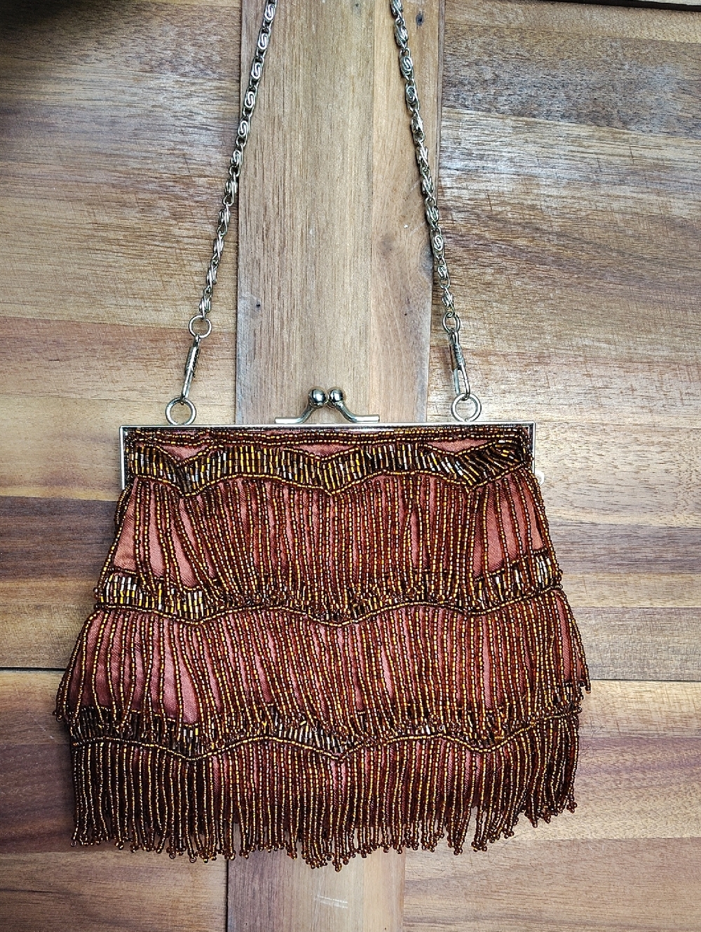 Beaded Fringe Evening Bag - Copper Brown